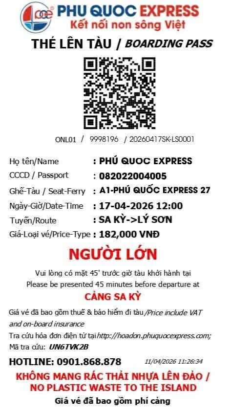 Giá vé tàu Sa Kỳ - Lý Sơn